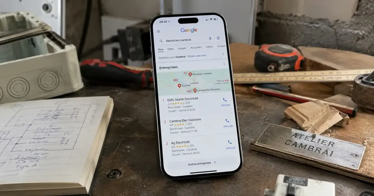 Smartphone affichant une recherche Google « électricien cambrai » avec la carte et les trois entreprises du local pack, posé sur l'établi d'un artisan électricien