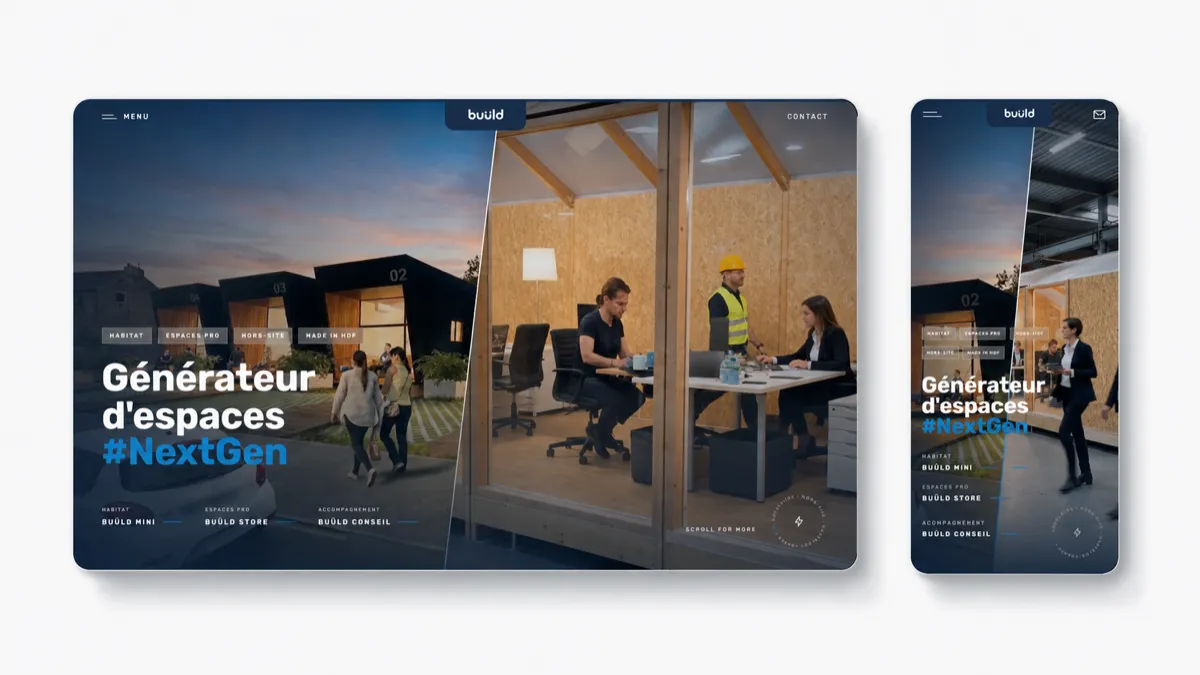Mockup du site vitrine de Buüld sur desktop et mobile, avec la page d'accueil et le hero vidéo