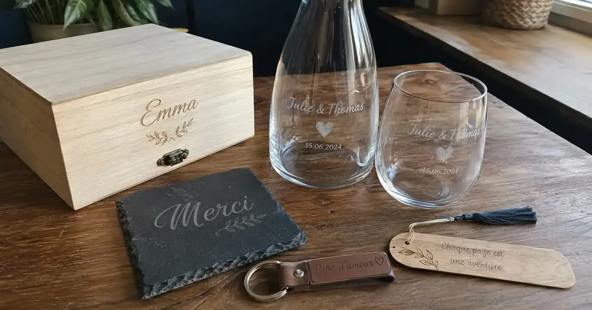 Cadeaux personnalisés gravés au laser : boîte en bois « Emma », carafe et verre gravés d'une date de mariage, dessous de plat en ardoise « Merci », porte-clés en cuir et marque-page en bois