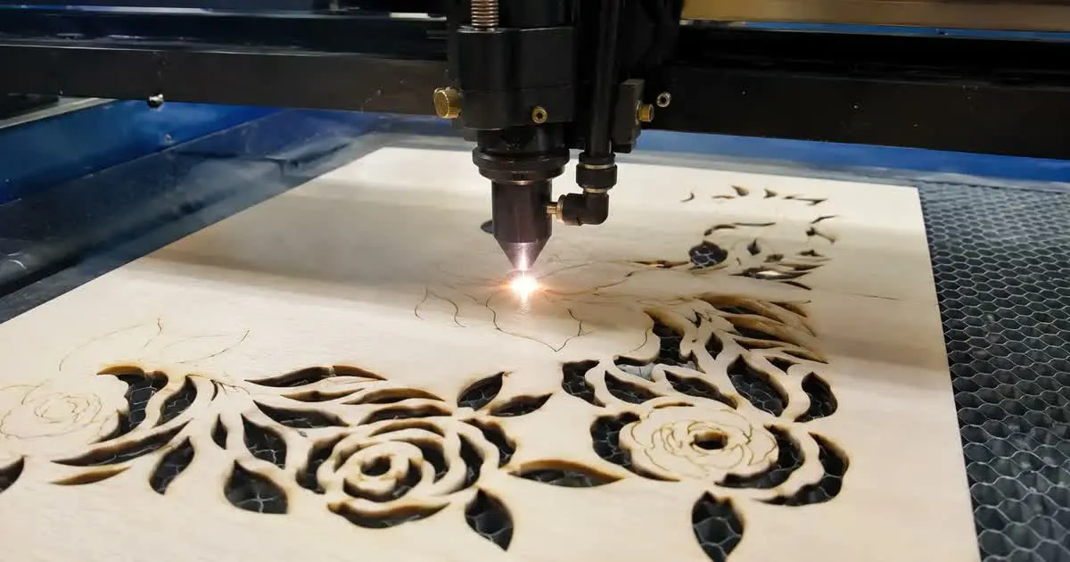 Tête de laser CO2 découpant un motif de roses ajouré dans une plaque de bois clair, point de coupe incandescent sur le plateau en nid d'abeille