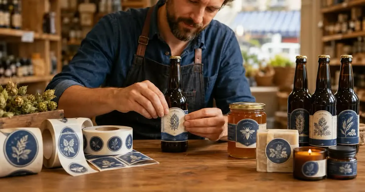 Artisan posant une étiquette sur une bouteille de bière, entouré de produits locaux étiquetés (miel, savon, bougie) aux étiquettes coordonnées bleu et crème, rouleaux d'étiquettes sur l'établi