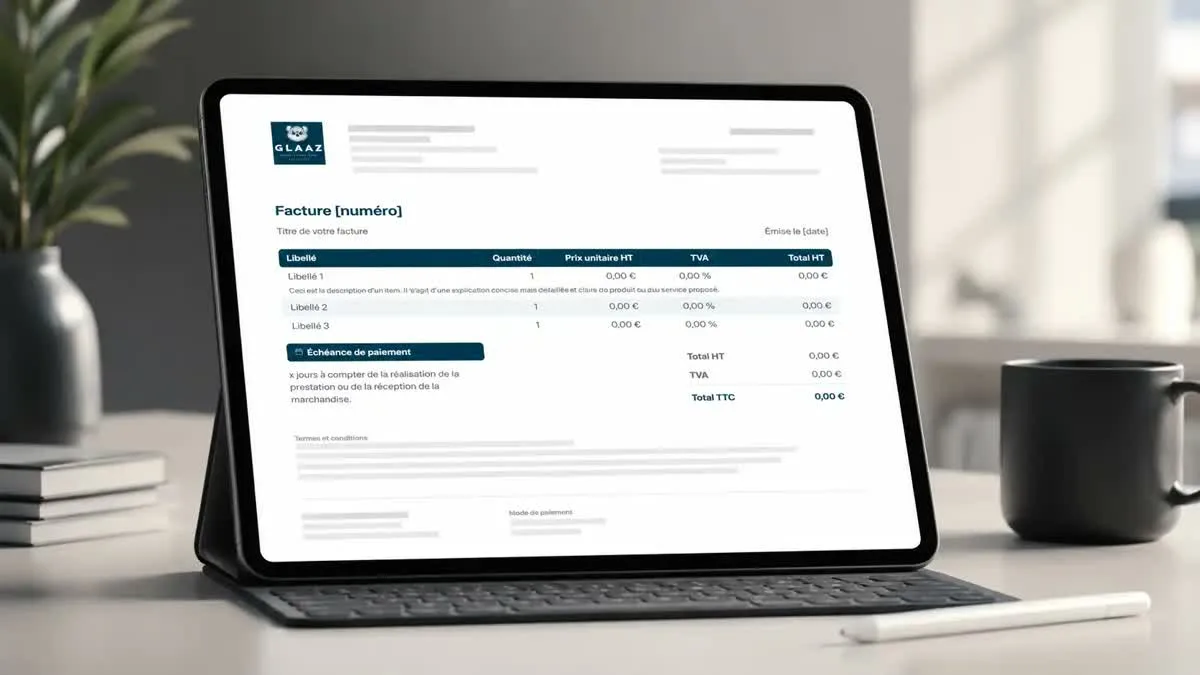 Facture professionnelle aux couleurs GLAAZ affichée sur une tablette, exemple de facture électronique avec logo et mise en page soignée