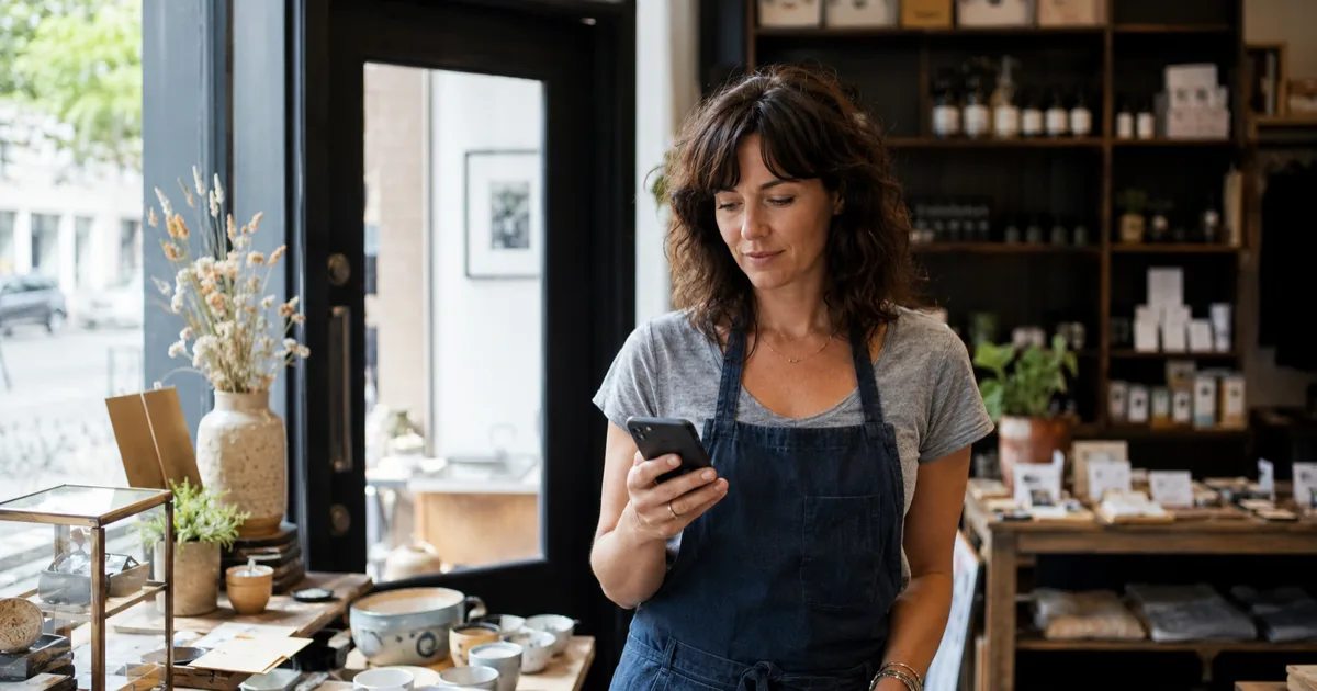 Commerçante en tablier consultant son smartphone dans sa boutique