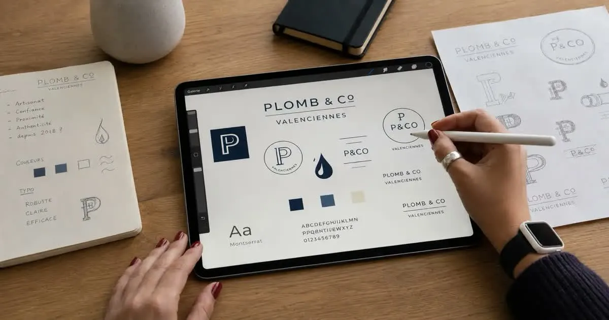Mains d'une graphiste créant une identité visuelle sur tablette pour une marque locale : variations de logo, palette bleu et crème, typographie, entourée de croquis sur papier