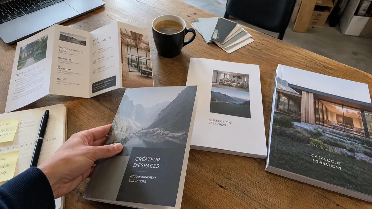 Main tenant une plaquette de présentation, avec un dépliant trois volets, un catalogue et un nuancier posés sur une table en bois