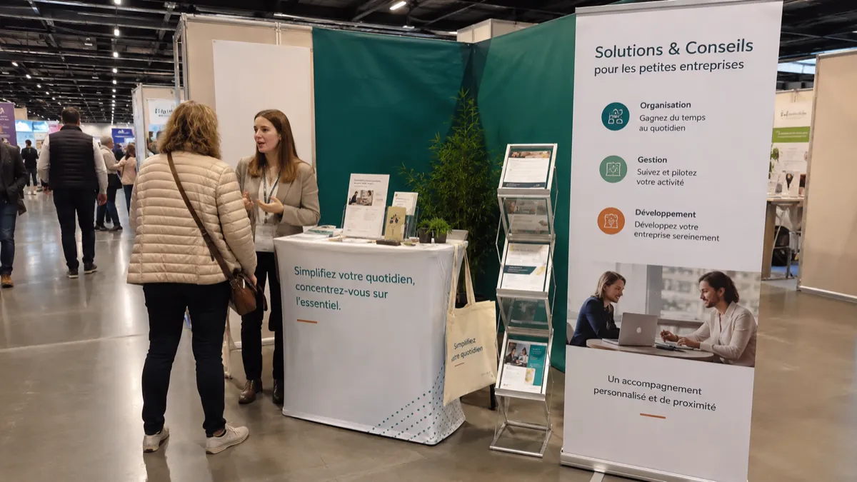 Stand de salon professionnel avec roll-up, comptoir personnalisé et porte-flyers, lors d'un échange avec une visiteuse