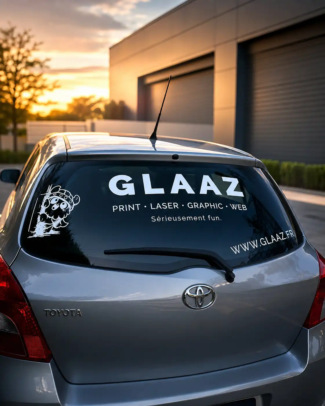 Lettrage GLAAZ en vinyle blanc sur la vitre arrière d'une voiture grise, au coucher du soleil devant un bâtiment industriel