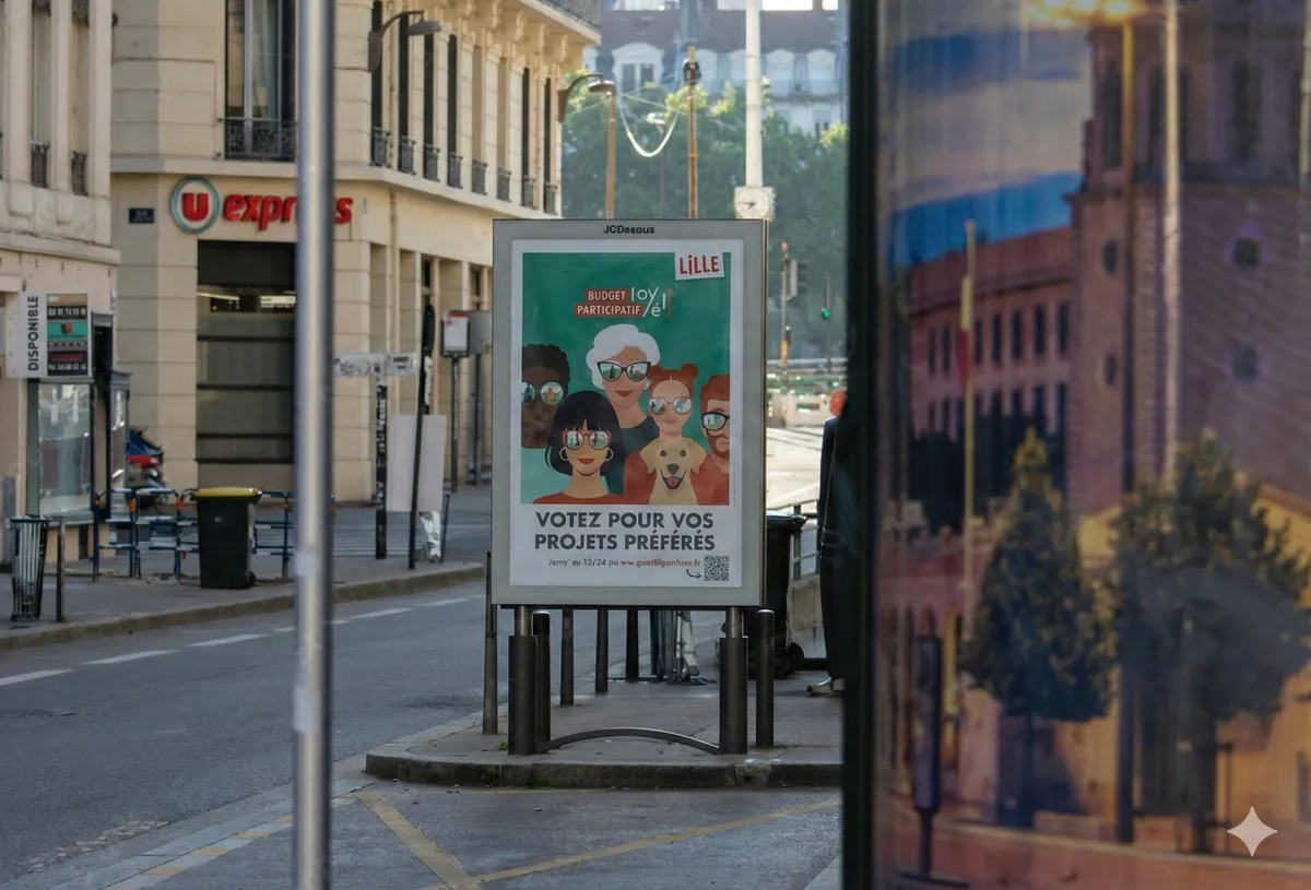 Panneau d'affichage municipal à Lille avec campagne de budget participatif