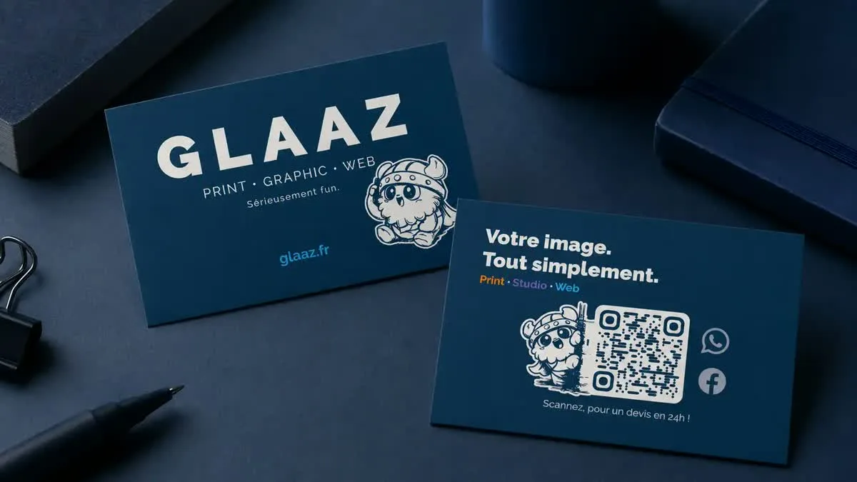 Cartes de visite GLAAZ recto-verso posées sur un bureau sombre, élément d'une papeterie d'entreprise cohérente