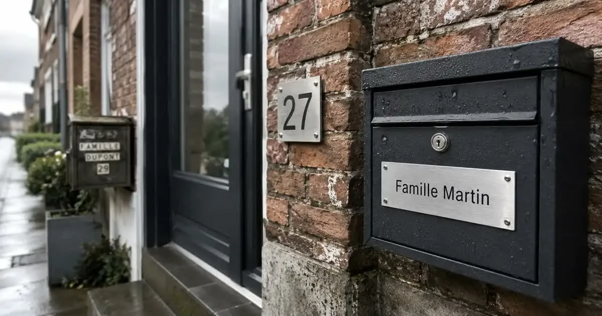 Façade en brique avec un numéro de maison gravé « 27 » et une boîte aux lettres noire portant une plaque en métal brossé gravée « Famille Martin », et au loin une ancienne plaque délavée