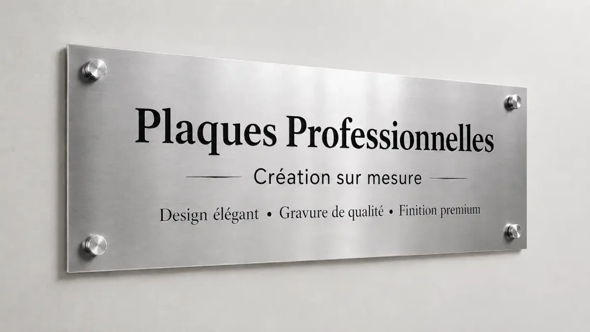 Plaque professionnelle gravée à finition métal brossé fixée au mur sur entretoises, gravure laser réalisée à Marly près de Valenciennes