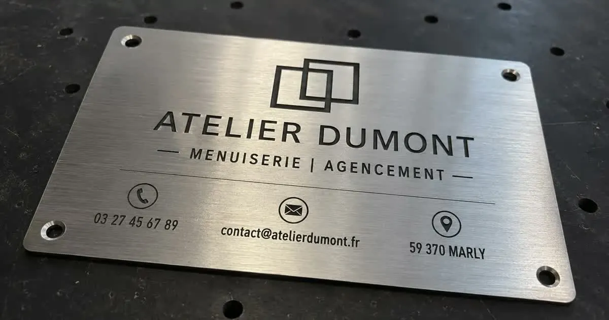Plaque de société aspect métal brossé gravée au laser (« Atelier Dumont, menuiserie et agencement », téléphone, e-mail, Marly) posée sur le plateau du laser