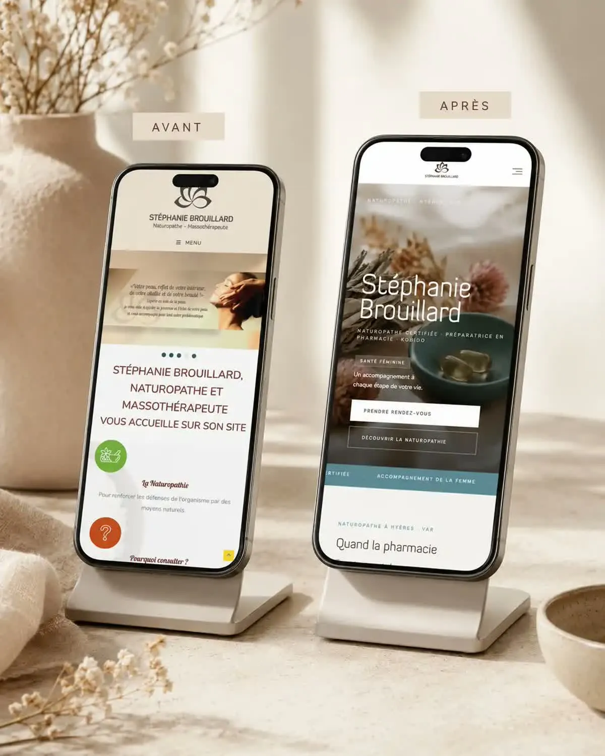 Comparatif avant/après sur mobile du site de la naturopathe, ancien menu compact et texte serré à gauche, nouveau site épuré et lisible à droite