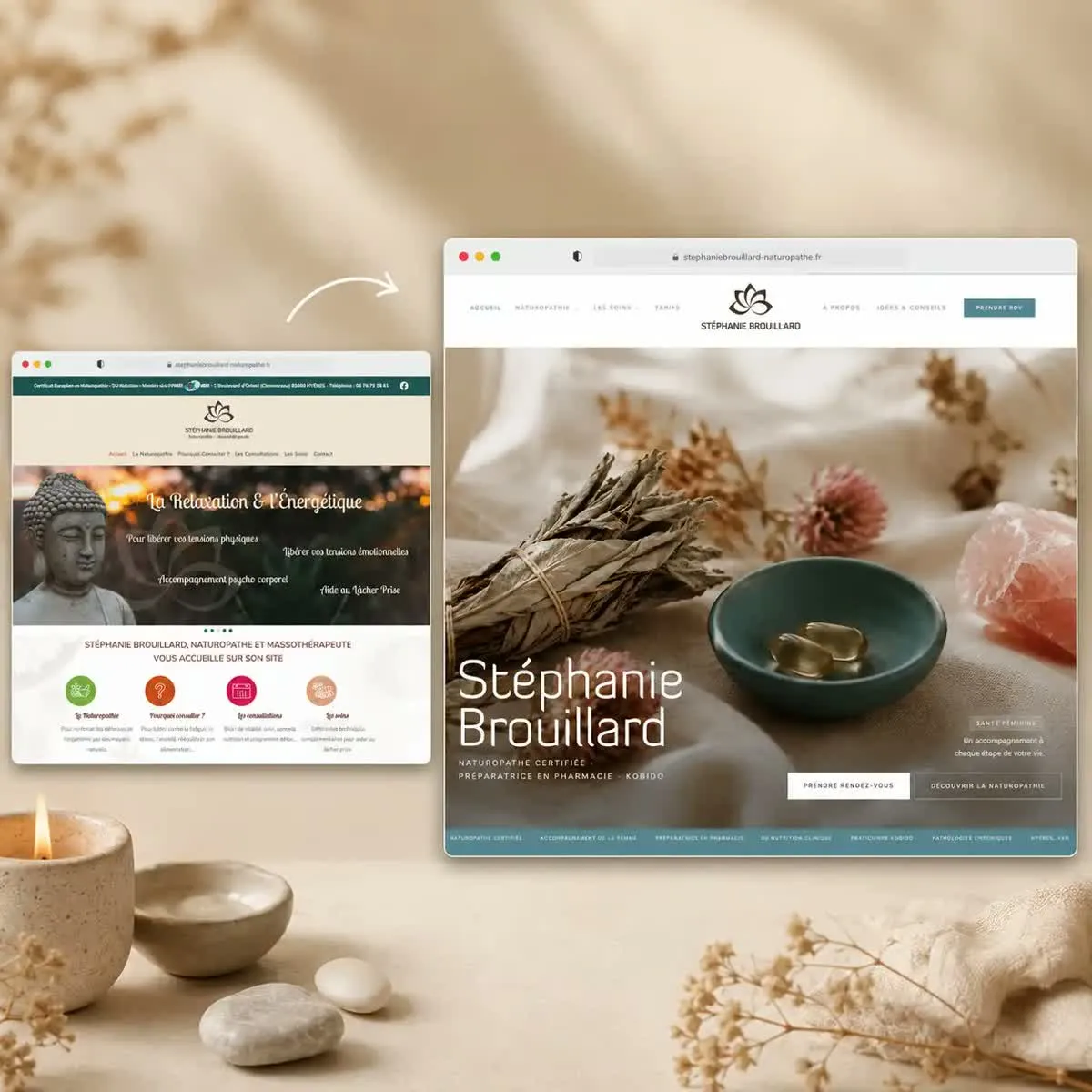 Comparatif avant/après de la refonte d'un site de naturopathe, ancien design daté à gauche, nouveau site épuré à droite