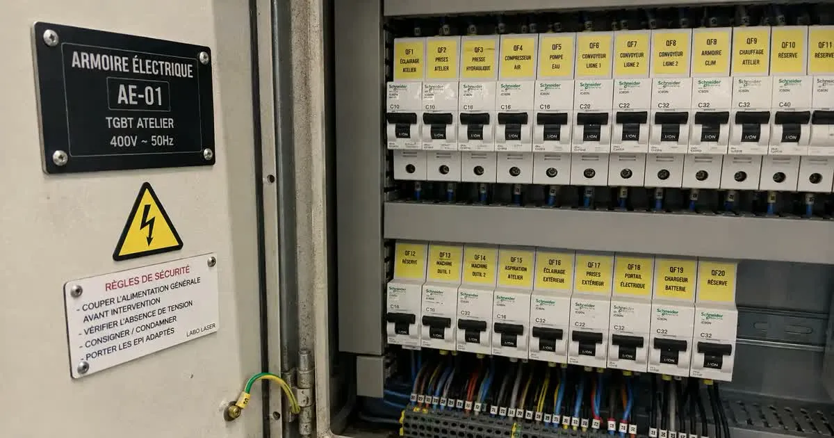 Armoire électrique d'atelier repérée avec des plaques gravées : plaque d'identification « AE-01 », règles de sécurité, et étiquettes jaunes gravées sur chaque disjoncteur (QF1 éclairage, QF2 prises…)