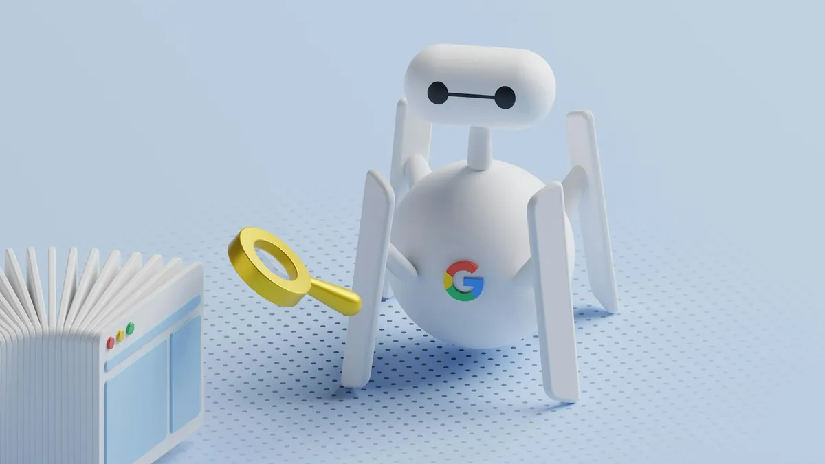Robot araignée Google 3D avec une loupe dorée inspectant des pages web