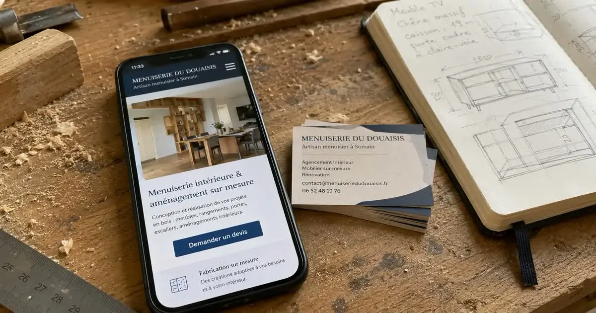 Smartphone sur l'établi d'un menuisier à Somain affichant son site mobile avec un bouton « Demander un devis », à côté de cartes de visite et d'un carnet de croquis