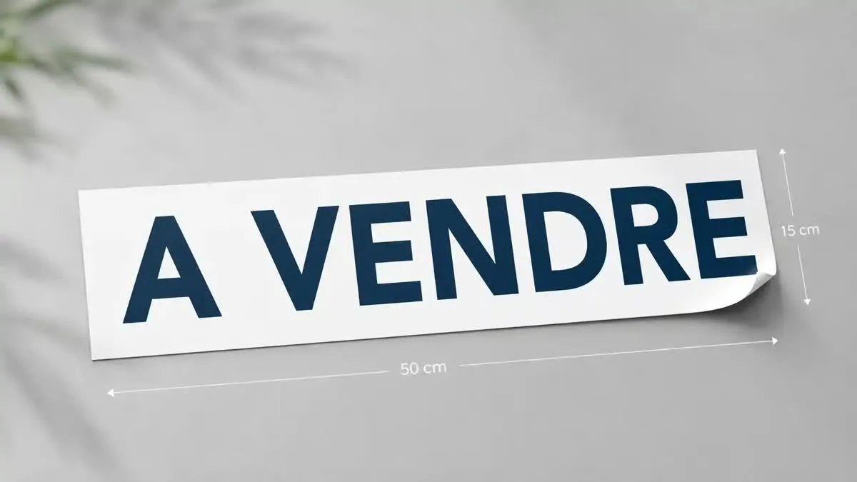 Sticker adhésif « À VENDRE » bleu marine de 50 x 15 cm imprimé par GLAAZ, à coller sur un panneau akylux immobilier