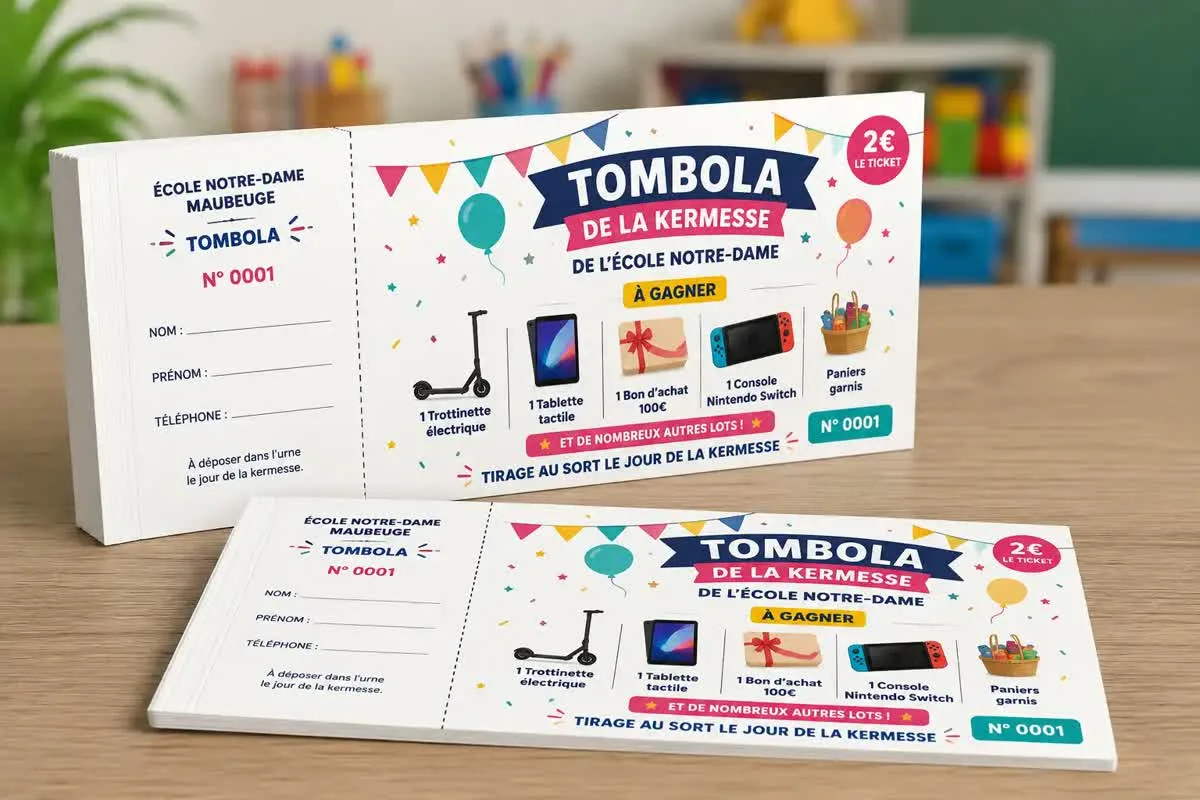 Carnets de tickets de tombola numérotés conçus et imprimés par GLAAZ pour la kermesse d'une école, avec souche détachable et liste des lots