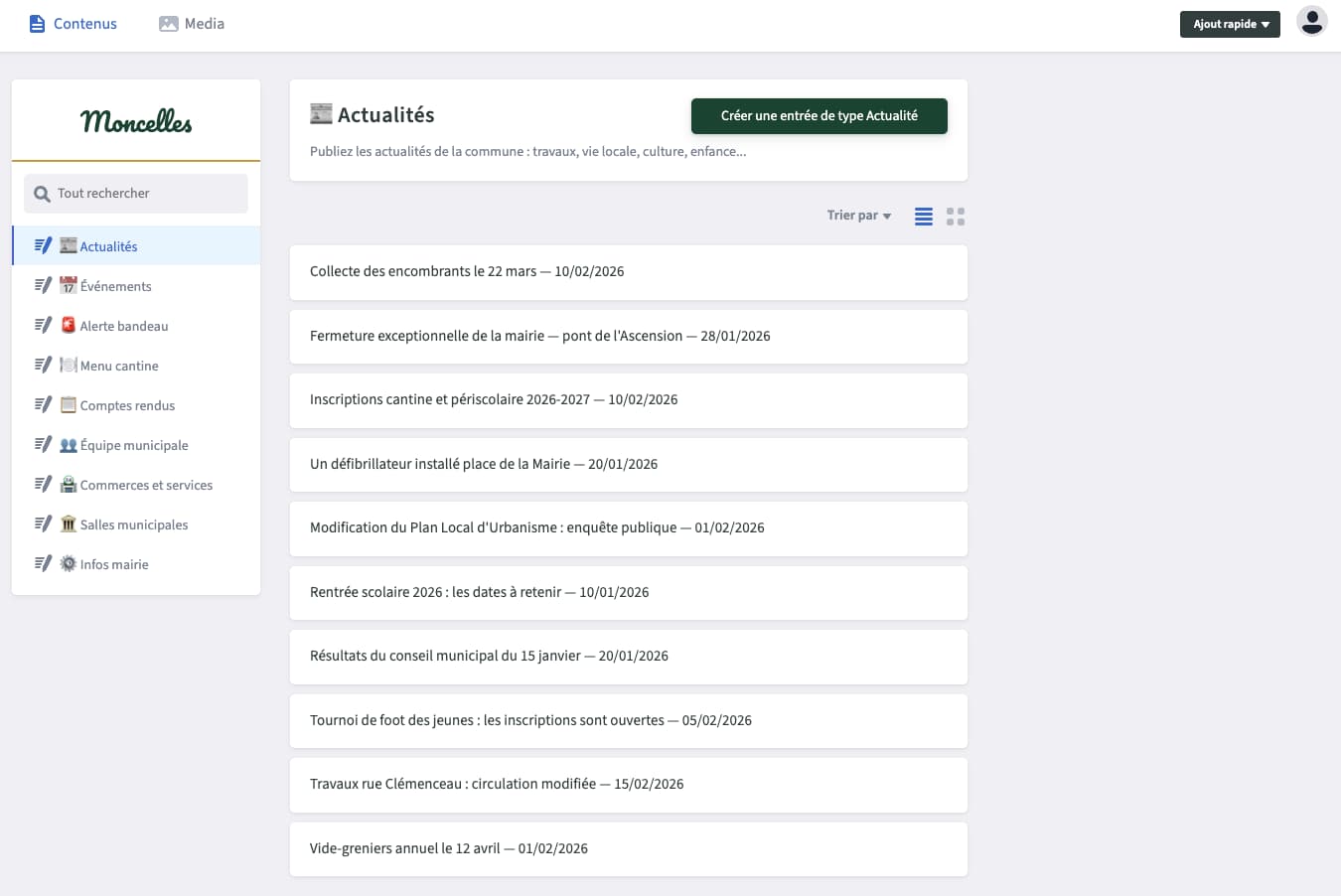 Démo site mairie — Interface d'administration
